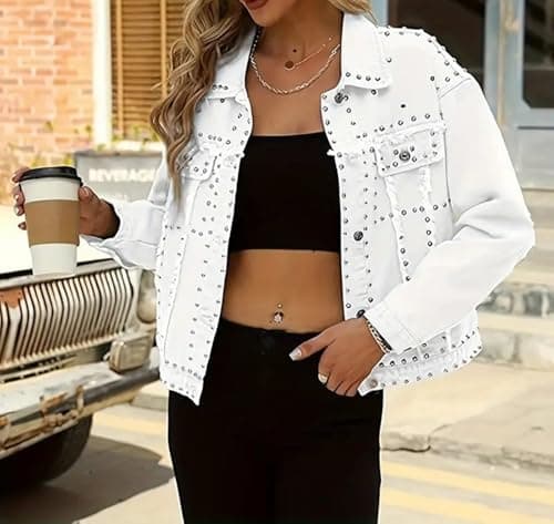 Huang's Women's Embellished Denim Jacket with Shiny Studs Non-Stretch Heavyweight Cotton, Classic Fit, Distressed Detailing Coat (US, Alpha, Medium, Regular, Regular, T228) - Thumbnail 3