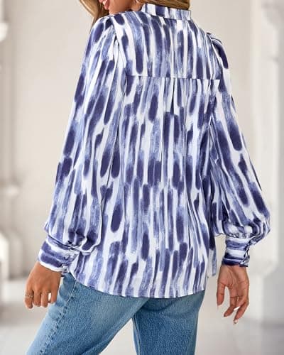 BTFBM Womens Tops Dressy Casual Spring 2026 Boho Floral V Neck Long Sleeve Half Button Down Shirt Work Business Blouses(Striped White Blue, Small) - Thumbnail 3