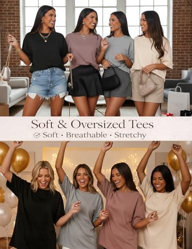 LETSEE 4 Pack Oversized Tshirts for Women (1 Mushroom 1 Light Grey 1 Apricot 1 Black, Small) - Thumbnail 6