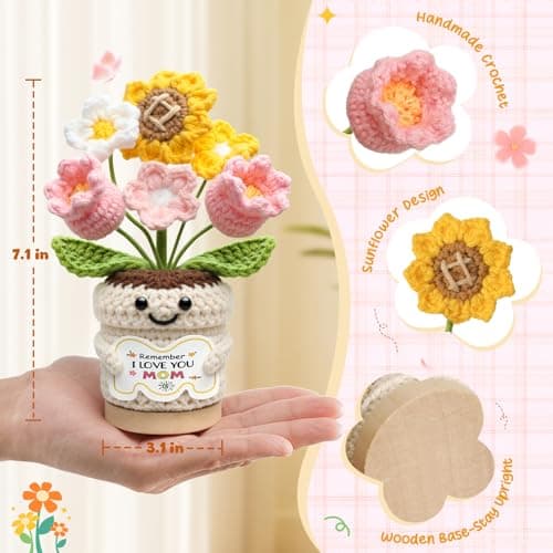 Gifts for Mom, Mothers Day Gifts for Mom from Daughter Son, Mom Birthday Gifts, Crochet Flower Pot, Handmade Knitted Sunflower Tulip, Cute Mom Gifts Desk Decor Emotional Support Gift - Thumbnail 2
