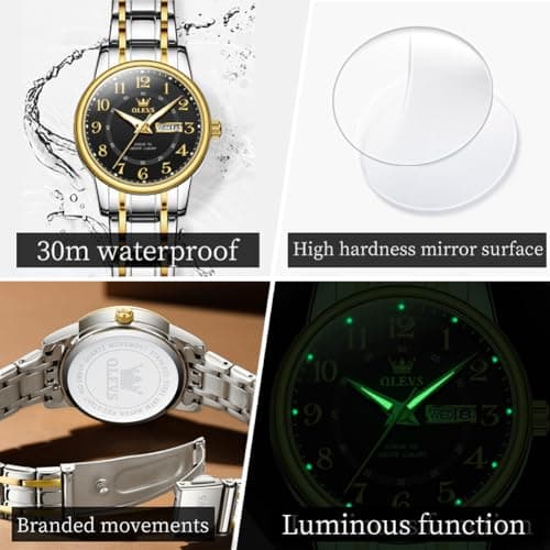 OLEVS Watch Women Luxury Stainless Steel Waterproof Small Wrist Black Face Simple Analog Quartz Watches for Women Easy to Read Gold and Silver Two Tone Arabic Numerals Ladies Watches - Thumbnail 5