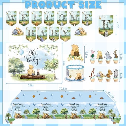 131 Pcs Classic Bear Baby Shower Oh Baby Balloons, Vintage Boy Baby Shower Decorations, Classic the Pooh Backdrop Tablecloth Cake Topper for Newborn Birthday Shower Decorations - Thumbnail 3