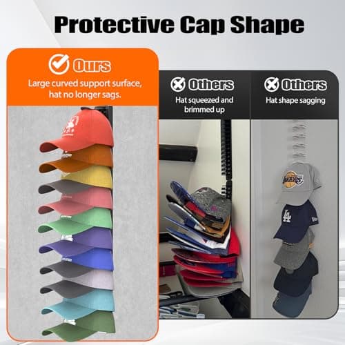HeQe Hat Organizer for Baseball Caps Hold Up to 40 Hats, 2 Pack Hat Rack for Wall, Strong Adhesive Hat Storage Display Holder for Closet Door and Wall (Black) - Thumbnail 4