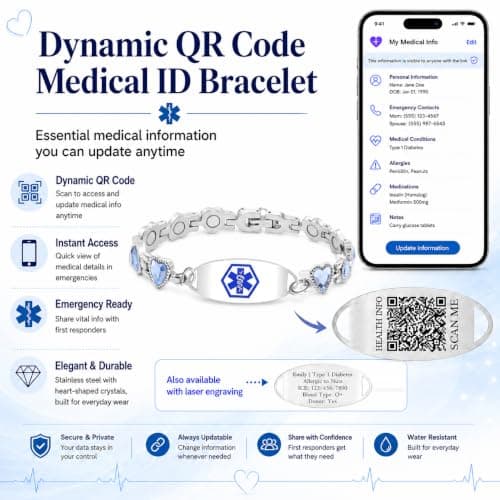 Dynamic QR Code Medical Alert Bracelet for Women, Heart-Shaped Zircon Chain Titanium Steel Jewelry, Editable Medical ID Bracelet, Scan to Update Medical Information Anytime, No Engraving Required (QR Code-US Stock) - Thumbnail 3