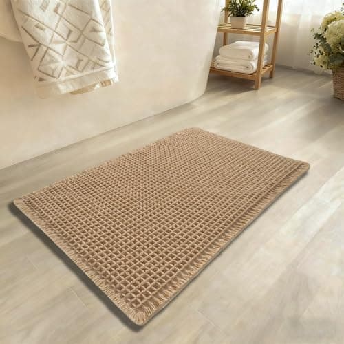 SHUNL Upgraded Waffle Bath Mat Machine Washable Rugs, Super Absorbent Non Slip Bath Mats for Bathroom Floor, Rubber Backed Bathroom Mat, Brown 17"x 24" - Image 1