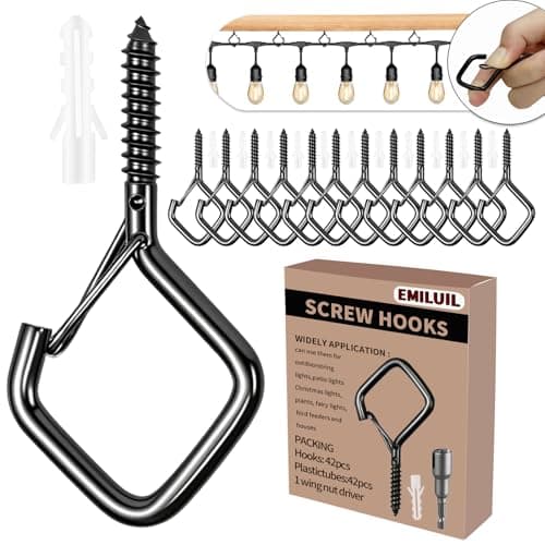 Emiluil 42 PCS Metal Black Eye Screw Hooks for Hanging Heavy Duty.Windproof Ceiling Hooks for Hanging Plants,Cup,Wind Chime,Bird Feeders,Christmas String Lights at Indoor&Outdoor 2.2 Inch - Image 1
