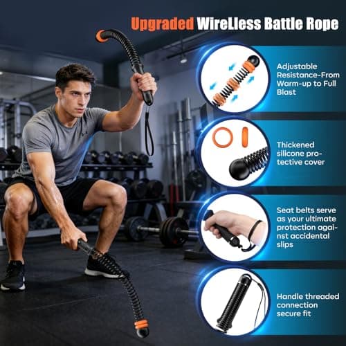 RENRUI Cordless Battle Ropes with Adjustable Resistance Springs – Weighted Ropeless Battle Rope for Home Gym, Portable Workout Equipment for Strength Training & Cardio Fitness Black & Orange - Thumbnail 2