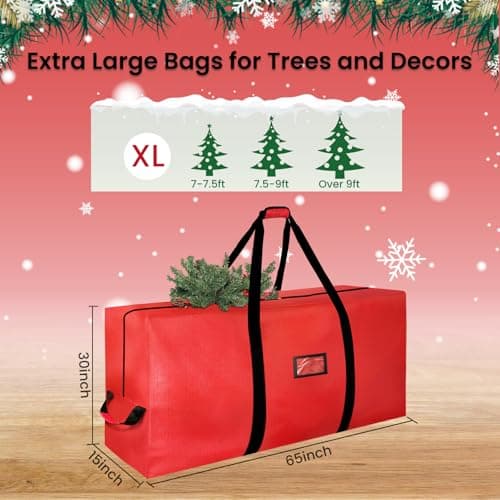 Christmas Tree Storage Bag, 9FT Large Christmas Tree Bag 600D with Reinforced Handles, Heavy Duty 9 Foot Tree Bags for Storage Waterproof Xmas Tree Box, Dual Zippers, Wide Opening, Red - Thumbnail 3