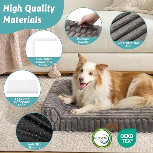 COZY KISS Faux Rabbit Fur Large Dog Bed – 44"x32" Orthopedic Foam Couch with Sides, Removable Washable Cover & Waterproof Lining, Grey - Thumbnail 3