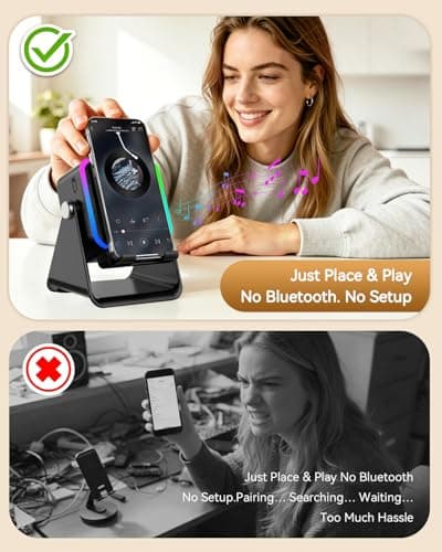 Gifts for Men Tech Gadgets Wireless Induction Speaker with Phone Stand, 5-in-1 Bluetooth Speaker with RGB Light, Adjustable Desk Phone Holder with Emergency Charging for Home Office Kitchen Use - Thumbnail 3