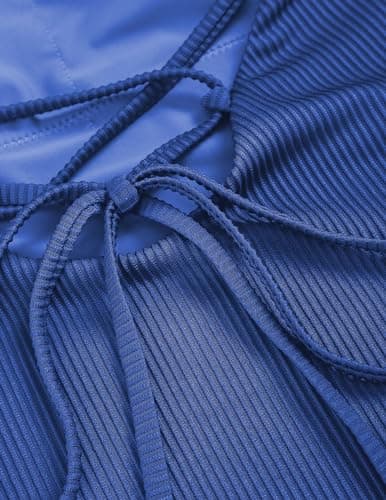 ZAFUL Women's Lace Up One Piece Swimsuit Scoop Neck Ribbed Bathing Suit Spaghetti Strap Tie Back 1 Piece Swimsuits Blue L - Thumbnail 6