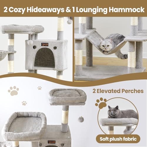Large Cat Tree Tower for Indoor Cats Adult, 74.8 Inch Tall Multi-Level Kitty Condo with Scratching Posts, Perch, Hammock, Plush Bed for Big Cats, Modern Cat Furniture Heavy Duty (Light Grey) - Thumbnail 2