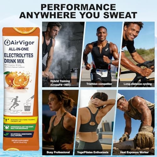 AirVigor Electrolyte Powder with Creatine All-in-One Hydration Drink Mix for Workout, Pre Workout Energy & Recovery, Amino Support, Low Calorie Electrolyte Drink Packets, 20 Sticks (Citrus) - Thumbnail 6