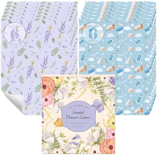 STRN Drawer Liners for Dresser, Lavender & Baby Powder Scented Fragrant Drawer Liner 12 Sheets, Non-Adhesive Drawer Paper Liner for Bedroom Shelf Closet, Shoe Chest - Image 1
