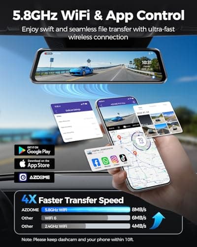 AZDOME 4K+2.5K Mirror Dash Cam with AR effects, ADAS, BSD & LCA Rear View Mirror Camera, 12" Rearview Mirror Camera, 5.8GHz WiFi, Voice Control, GPS, backup camera mirror Includes 64GB Card (PG17 Max) - Thumbnail 5