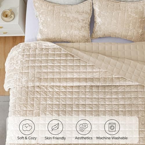 BEDELITE Velvet Quilt Set King Size - Luxury Velvet Comforter Bedding Set 3 Pieces, Lightweight Soft Cozy Shiny Urban Taupe Oversized Bedspread Coverlet for All Seasons with 2 Pillow Shams - Thumbnail 3