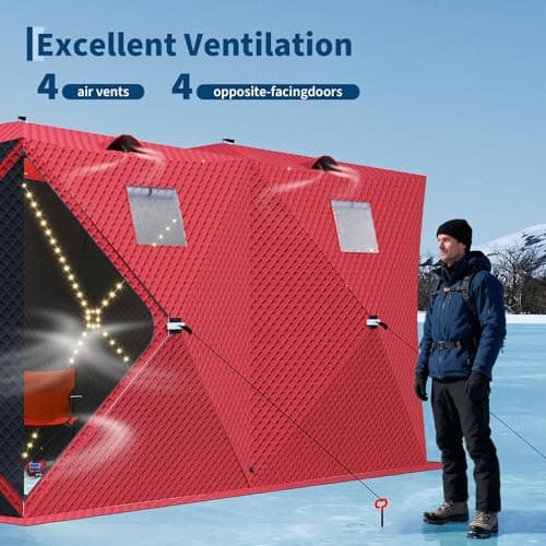 Garvee Pop Up Ice Fishing Shelter and Insulated Ice Fishing Tent with 49ft LED Light Strip, Windproof Portable Hub Design, Fits 5-7 People, 69 sq ft Fishable Area, Red+Black - Thumbnail 4