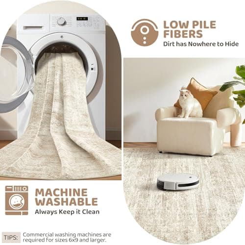 UERMEI 5x7 Area Rug Living Room Rugs - Washable Neutral Modern Abstract Soft Thin Rug Indoor Floor No Slip Rug Carpet for Bedroom Under Dining Table Home Office Decor - Beige/Brown - Thumbnail 5