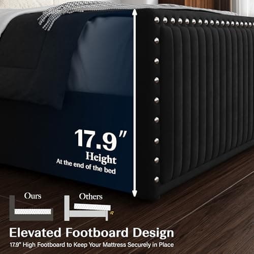 Belffin Queen Size Bed Frame with 55" Headboard Nailhead Trim Design, Black - Thumbnail 6