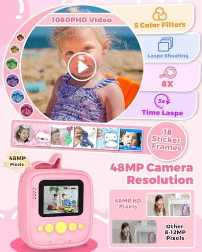 Kids Camera Instant Print, Christmas Birthday Gifts for Girls Age 3-8, 48MP &1080P Children Camera with Photo Paper, Portable Toy Instant Camera for Kids 3 4 5 6 7 8 9 10 Year Old Girls - Thumbnail 4