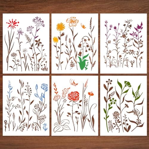 6 Pieces Flower Stencils for Painting, Large Reusable Floral Stencils for DIY Crafts, Wildflower Design Templates for Wood, Wall, Furniture Decor