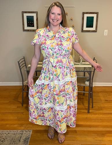 GRACE KARIN Women's 2026 Summer Floral Flowy Dresses Boho Tie Belt Short Puff Sleeve A Line Maxi Shirt Dress with Pocket Purple Yellow Small - Thumbnail 4