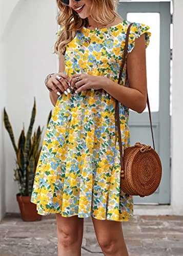 KIRUNDO Women's Casual Summer Dresses 2026 Ruffle Sleeveless Boho Floral Mini Beach Party Hawaiian Round Neck Loose Short Flowy Pleated Babydoll Dress, Floral3-white Yellow, Medium - Thumbnail 3