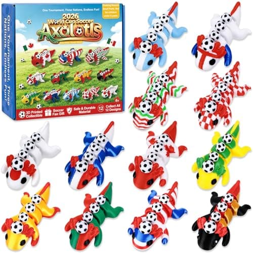 Kanmeii 12PCS 2026 World Soccer Cup 3D Printed Axolotl Fidget Toys 12 Style Sports Theme Stress Relief Collectible Soccer Party Favors for Party Goodie Bags Stuffers, Sports Fans Gifts