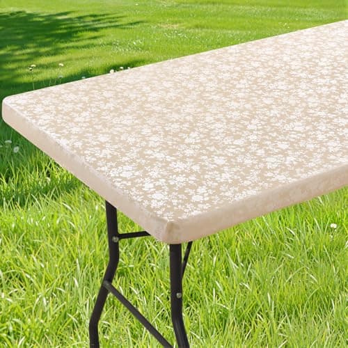 Smiry Rectangle Picnic Table Cloth, Elastic Waterproof Fitted Heavy Duty Vinyl Tablecloths, Wipeable Washable Table Covers for Kitchen, Dining, Camping, Outdoor (Beige, 30" X 72") - Image 1