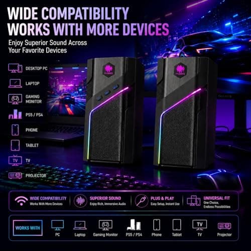 museeq W-206RE RGB Gaming Speakers for PC, Bluetooth & USB Desktop Speakers for Gaming PC and Monitor, Touch Control Stereo Computer Speakers with 21 LED Light Modes - Thumbnail 5