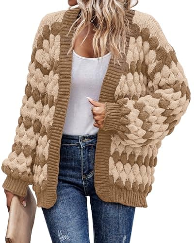 KIRUNDO Cardigan Sweaters for Women Trendy Fall Lantern Long Sleeve Open Front Striped Color Block Cable Knit Sweater Jackets Winter Coats Boho Cardigan Khaki(Khaki, Large) - Image 1