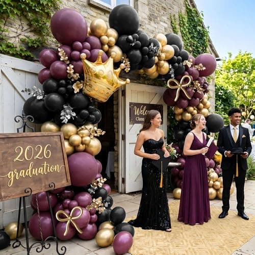 Double Stuffed Dark Burgundy-Purple, Black, Gold Balloon Arch Garland Kit - Thumbnail 2