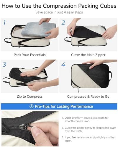 LUGGEX Compression Packing Cubes for Travel, 4 Set Lightweight Luggage Organizer Bags with Shoe Bag, Space Saving Suitcase Packing Cubes for Carry-On with Breathable Mesh, Double-Zipper (POX01, Beige) - Thumbnail 2