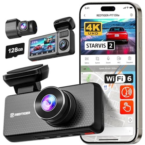 REDTIGER F17 Elite 4K Dash Cam 3 Channel, STARVIS 2 IMX678 & IMX675, 128GB Card, Full Night Color, 4K+2.5K+1080P Front and Rear Inside, Voice Control, 5GHz WiFi-30MB/s Download, GPS, HDR, Parking Mode - Image 1