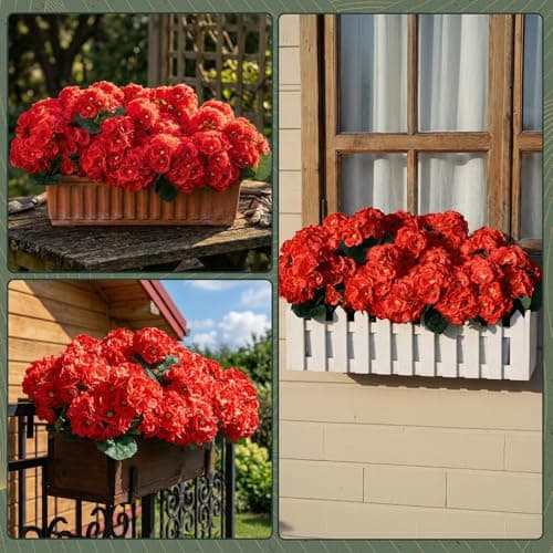 AMORISE 12 Bundles Artificial Geranium Flowers for Outdoor, Fake Silk Red Geraniums Flower, UV Resistant Look Real Faux Plants for Front Door Garden Porch Patio Balcony Yard Indoor Home, FF20, Red - Thumbnail 5