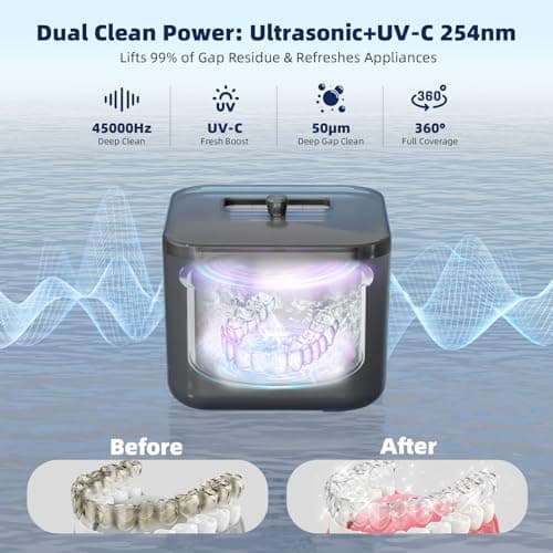 Ultrasonic Retainer Cleaner Machine, Denture Cleaner for Aligners Night Guards Braces Mouth Guards Toothbrush Heads，All-in-One Dental & Jewelry Cleaner, 45kHz 200ML, Dual Modes - Thumbnail 2
