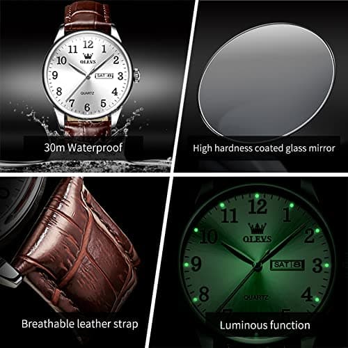 OLEVS Brown Leather Watches for Men Analog Mens Leather Watch Day Date Mens Watches Leather Band Simple Men White Face Wristwatch Waterproof Watch Reloj para Hombre Classic Fashion Brown Watch Man - Thumbnail 6