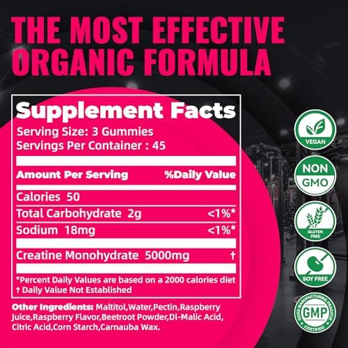 Natures Aid NSF Certified Creatine Gummy 5g - Creatine Monohydrate Gummies – Pre-Workout Energy & Muscle Growth Support for Men & Women | Raspberry Electrolyte Gummies (135 Count) - Thumbnail 3