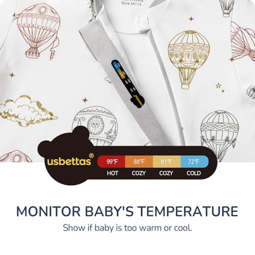 Baby Sleep Sack 6–12 Months, Cotton Sleep Sack with Detachable Long Sleeves, 1.0 TOG Wearable Blanket for Cooler Nights, 2-Way Zipper Toddler Sleeping Sack with Temperature Strip, Hot Air Balloon - Thumbnail 5