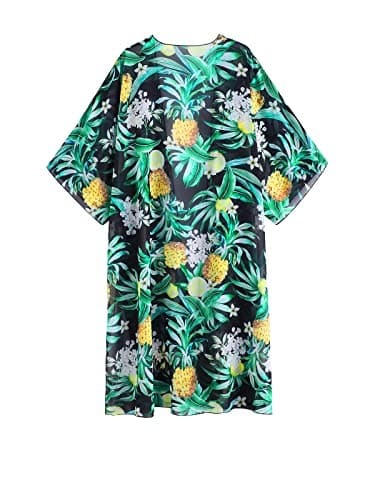 Women's Boho Long Kimono Cardigan Dusters Summer Lightweight Chiffon Beach Swimsuit Swimwear Bathing Suit Cover Ups Plus Size Resort Wear Hawaiian Tropical Pineapple Leaf Print Green Black Small - Thumbnail 4