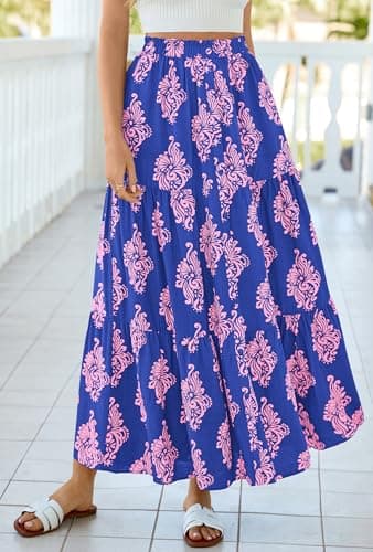 BTFBM Long Skirts for Women Summer 2026 Elastic High Waist Flowy A Line Casual Boho Tiered Floral Maxi Skirt Pockets(Dark Blue Pink Flower, XX-Large) - Thumbnail 4