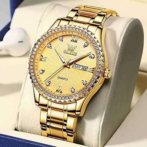 Fashion Gold Watches for Men Diamond Luxury Men's Wrist Watch with Day Date Waterproof Golden Stainless Steel Big Face Luminous Classic Dress Male Watches Casual Analog Quartz Watch for Young Man - Thumbnail 4