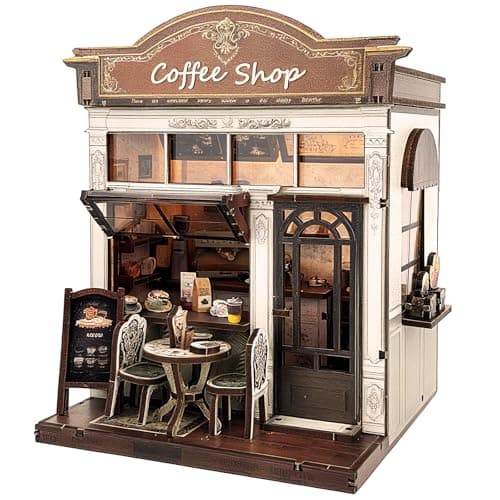 Joibabe 3D Wooden Coffee Shop Book Nook Kit - DIY Miniature Model with LED Lights, 143 Precision-Cut Pieces for Adults & Teens (1:24 Scale, Stress Relief Craft Gift) - Image 1