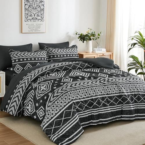 Yiran Queen Comforter Set, 7 Pieces Black Reversible Bedding Set, Boho Aztec Bed in A Bag, Lightweight Soft Bed Comforter Set with Sheets, Pillowcases & Shams