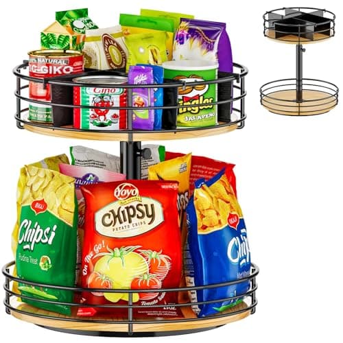 2 Tier Lazy Susan Turntable Organizer Adjustable - 12 Inch Snack Organizer Wood Rotating Spice Rack for Kitchen Countertop Pantry Cupboard Bathroom Coffee Bar Home Storage, Black