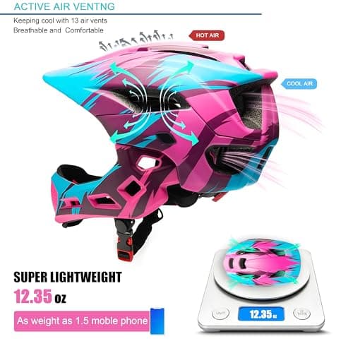 Natuway Toddler and Kids Full Face Helmet, Girl and Boy BMX Multi-Sport Detachable Mountain Dirty Bike Helmet Around 3-12 Years Head Circumference. - Thumbnail 5