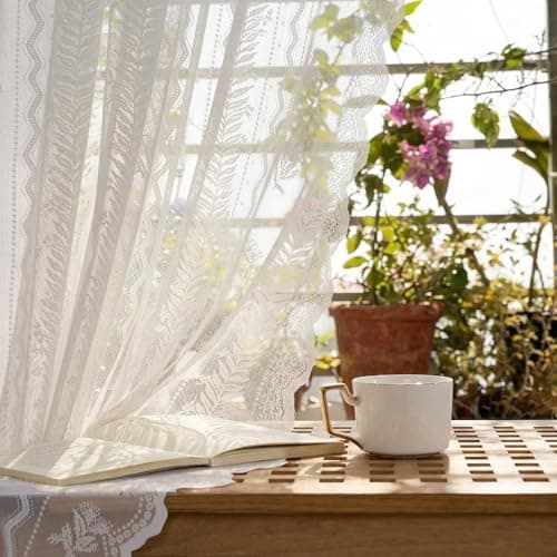 NICETOWN Outdoor Lace Curtains for Patio Waterproof, White Sheer Drapes for Porch Pergola, Gazebo Chic Decor with Lily of the Valley Striped Wave Edge, Rod Pocket Top, 2 Panels, W54 x L96 in - Image 1