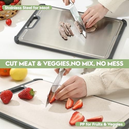 Premium 316 Stainless Steel Cutting Board for Kitchen– Double Sided,& BPA-Free Chopping Board with Food-Grade Steel &Eco-Friendly Wheat Straw PP,for Meat&Vegetables Healthy cutting boards non toxic - Thumbnail 4