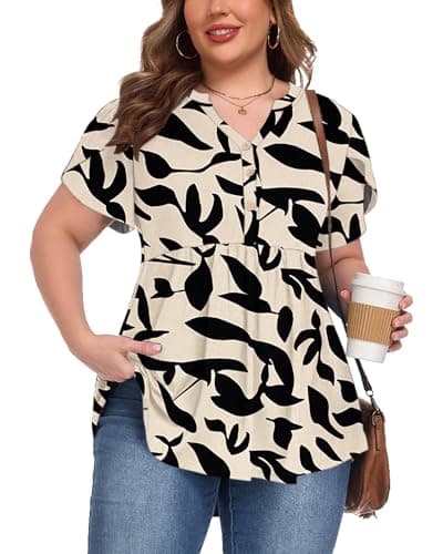 PLOKNRD Womens Plus Size Short Sleeve Tunic Tops Floral T-Shirts V-neck Summer Dressy Blouse Casual Pleated Pullover 2026 4X - Thumbnail 2
