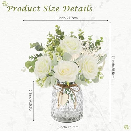 HOHOTIME Artificial Flowers with Vase, White Silk Roses Fake Flower Arrangement with Eucalyptus, Faux Plant Vase for Home Office Dining Table Centerpiece Coffee Table Decor Farmhouse Decoration - Thumbnail 5